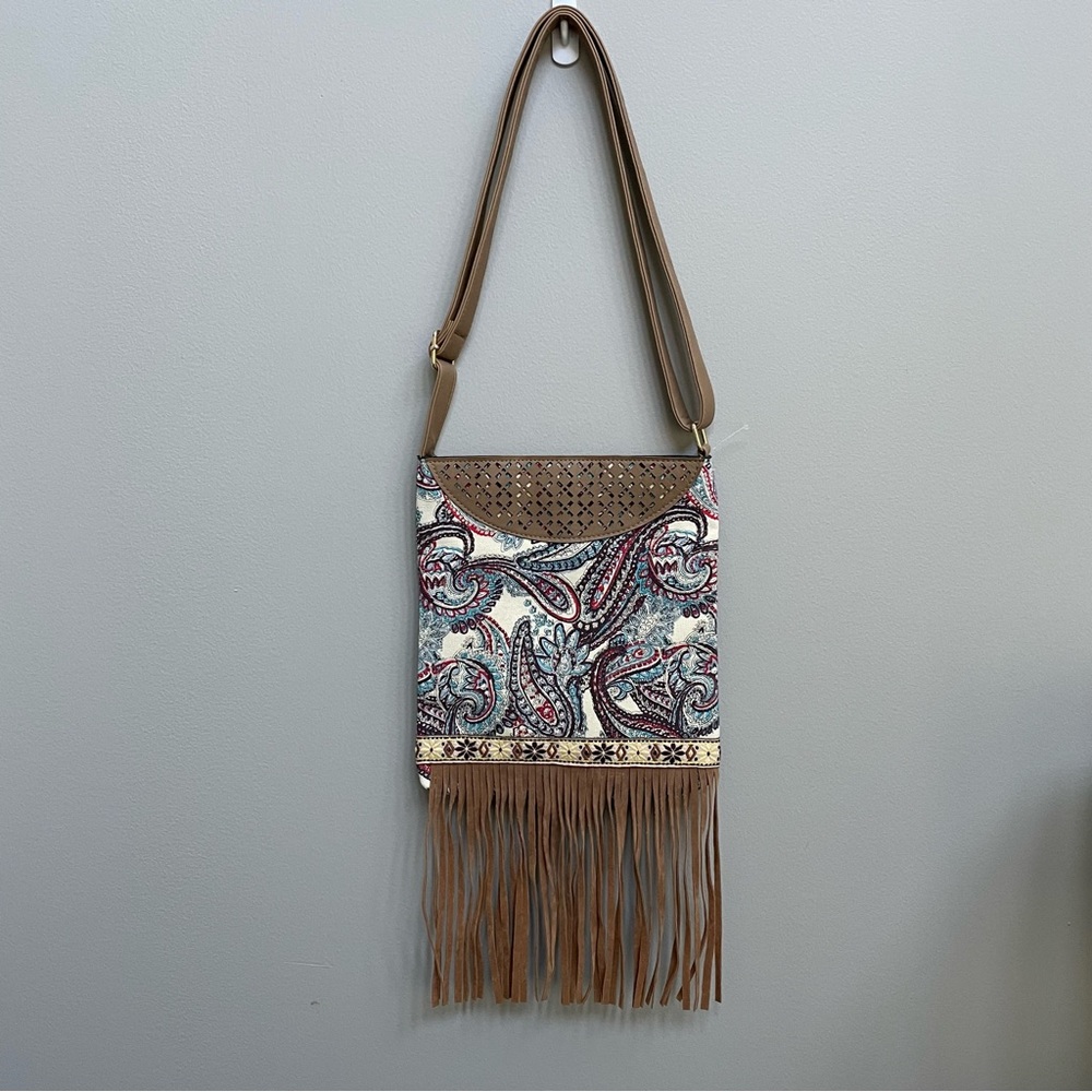 NWOT Suede Fringe with Paisley Design Crossbody Bag